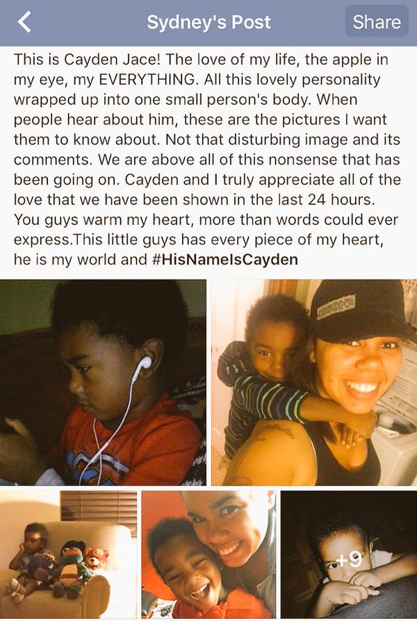 A Post on Twitter from Cayden's mother, Sydney